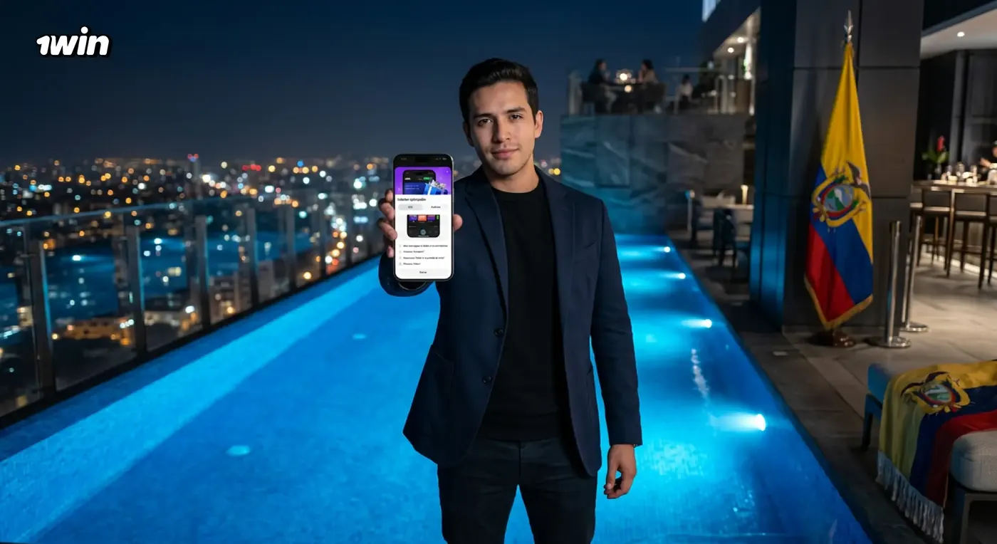 Hombre con blazer negro mostrando la app de 1win en su celular junto a una piscina en una terraza de noche, con la bandera de Ecuador
