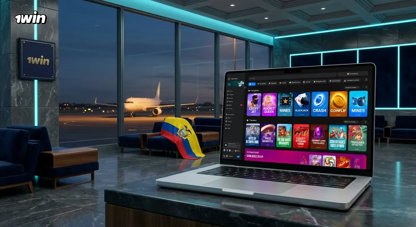 Laptop con el lobby de 1win sobre una mesa en un salón con vista a la pista y la bandera de Ecuador